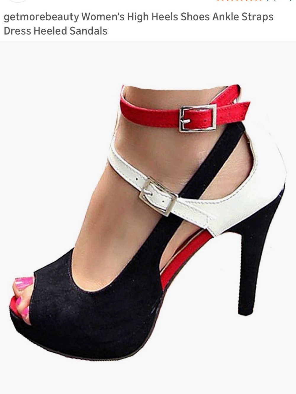 Tri-Color Strappy High Heel Sandals - Black, White & Red